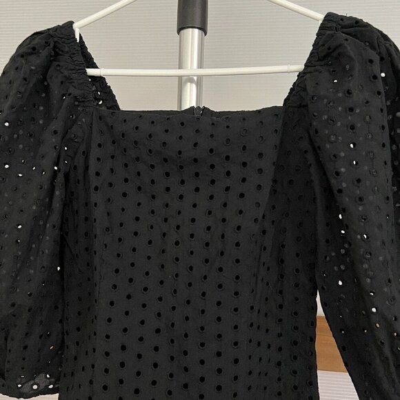 Suzy Shier Black Embroidered Eyelet Square Neck Puff Sleeve Mini Dress Sz XS - Picture 2 of 14